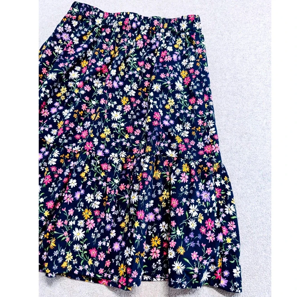 Old Navy Tiered Midi Skirt Kids Size L 10-12 Navy Blue Floral Daisy Ruffle Boho